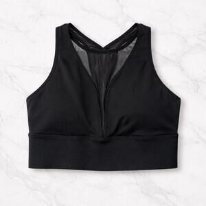 Athleta Black Mesh V Neck Longline Racerback Sports Bra Sz L